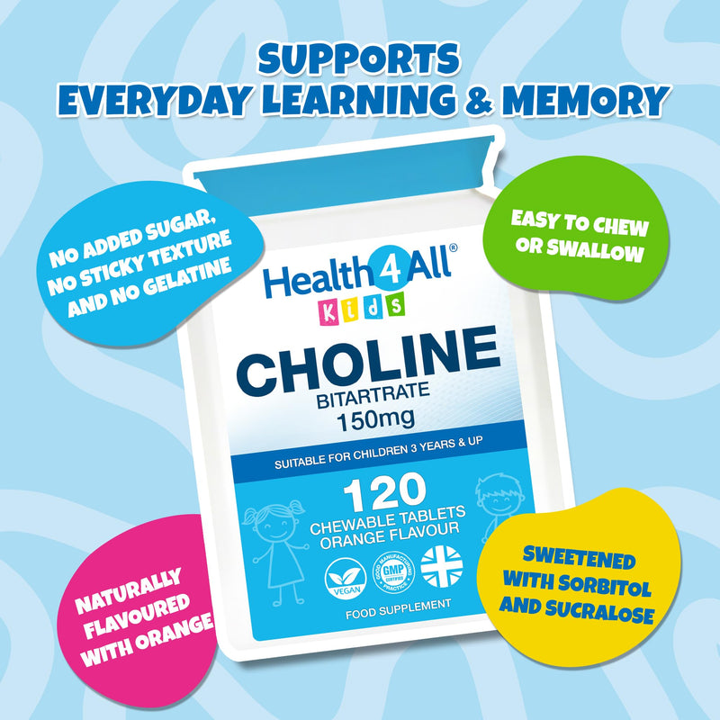 Health4All Kids Choline 150mg 120 Chewable Tablets for Children 3+, Supports Memory, Learning and Mood, Natural Vegan Orange Flavour, Sugar-Free | Made in UK (Not Gummies) 120 count (Pack of 1)