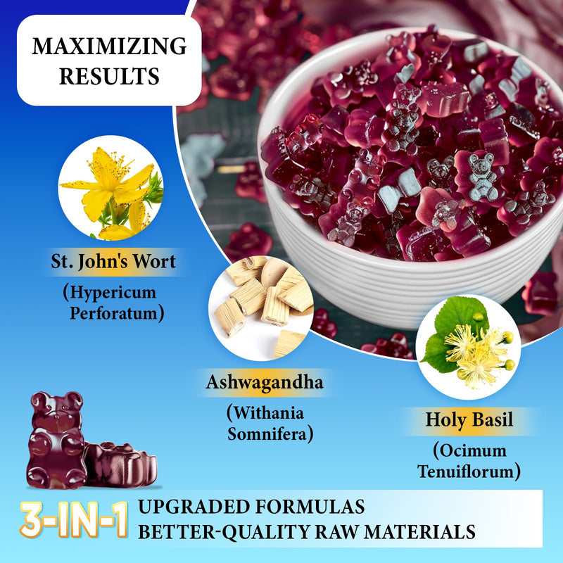 [Australia] - St John's Wort Gummies 600mg, with Ashwagandha & Holy Basil Extract for Adults & Kids, 3 in 1 Organic Herbal Supplements for Stress Relief, Nervous System Support, Non-GMO, Vegan, 60 ct. 