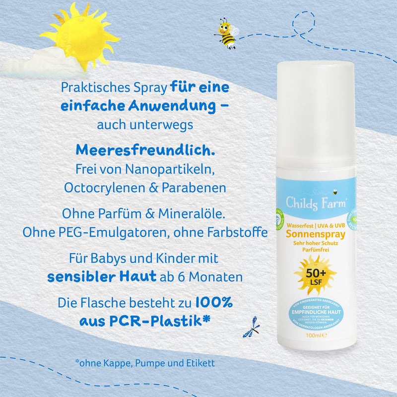 [Australia] - Childs Farm Sunscreen Spray for Children and Babies, Very High Protection with SPF 50+, Waterproof, UVA and UVB Protection, 100ml | Suitable for dry, sensitive or eczema-prone skin 