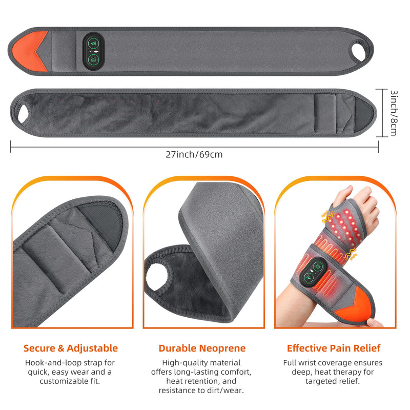 Cordless Wrist Heating Pad for Pain Relief, Wrist Massager for Carpal Tunnel, Heated Wrist Wrap Brace for Arthritis, Red Light Therapy Wrist Brace with 3000mAh Rechargeable, Gray
