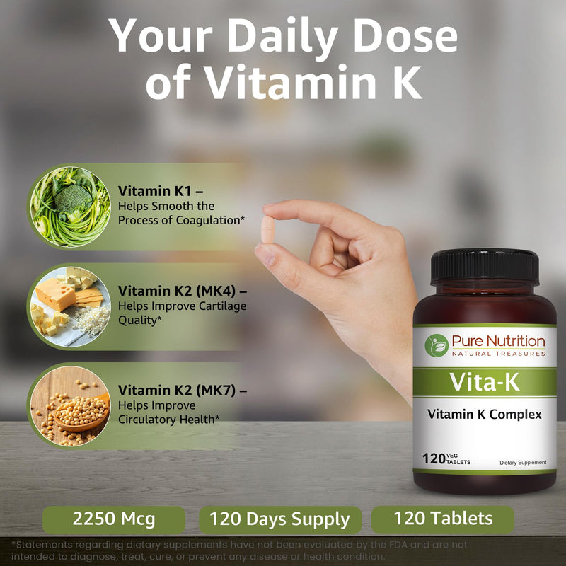 [Australia] - Pure Nutrition Vitamin K Complex K1 + K2 | 2250 mcg | 120 Tab | Full Spectrum K Vitamin Supplement with K1 1000mcg, K2 as MK4 1000mcg + K2 as MK7 250 mcg | Non GMO | Gluten Free 