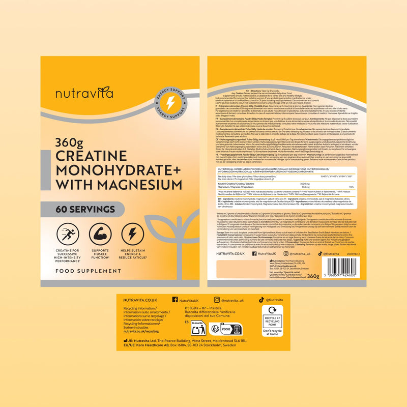 Nutravita Creatine Monohydrate 3000mg with Magnesium 360mg - 360g Unflavoured Vegan Creatine Powder (60 Day Supply) - Pre Workout Supplement for Men & Women - Made in The UK