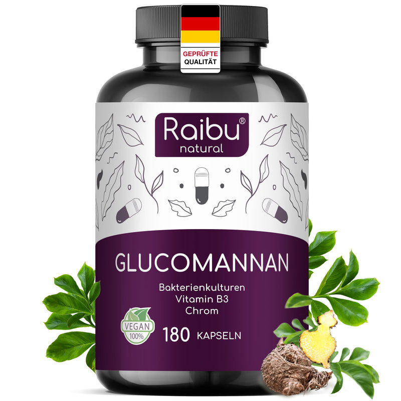 [Australia] - Glucomannan from konjac root - 4100mg per daily dose, 180 capsules, optimized with bacterial cultures, chromium and vitamin B3 - 95% glucomannan, high viscosity - Raibu, produced in Germany 