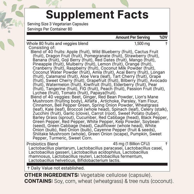 [Australia] - Micro Ingredients Fruit and Veggies Supplement with Probiotics, 240 Vegetarian Capsules | 80+ Super Greens & Fruits Complex | Immune, Gut & Digestive Health Support 