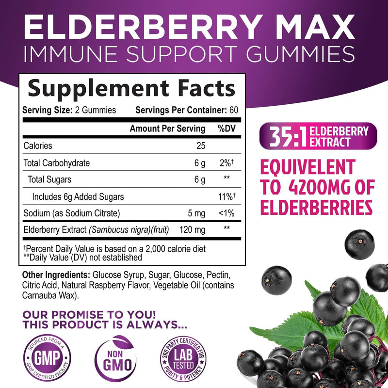 [Australia] - Nature’s Sambucus Elderberry Gummies, Immune Support for Kids and Adults, Super Concentrated 35:1 Extract, Equivalent to 4200mg of Elderberries - Black Elderberry Vitamin Supplement - 120 Gummies 120 Count (Pack of 1) 