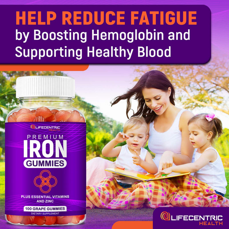 [Australia] - LifeCentricHealth Iron Gummies for Adults & Kids | Biotin Zinc Vitamin B Folic Acid Gummies | Vegan Gluten Free Blood Builder Anemia Supplements | Tasty Energy Boosting Iron Supplement for Women & Men 