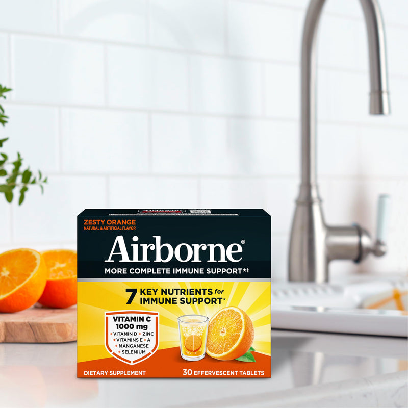 Airborne Immune Support Effervescent Tablets, Zesty Orange Flavor - 30ct with 1000mg Vitamin C + Vitamins A, D, E, Zinc, Selenium, Manganese & Herbal Blend - Sugar‑Free, Gluten‑Free Citrus 30 Count (Pack of 1)