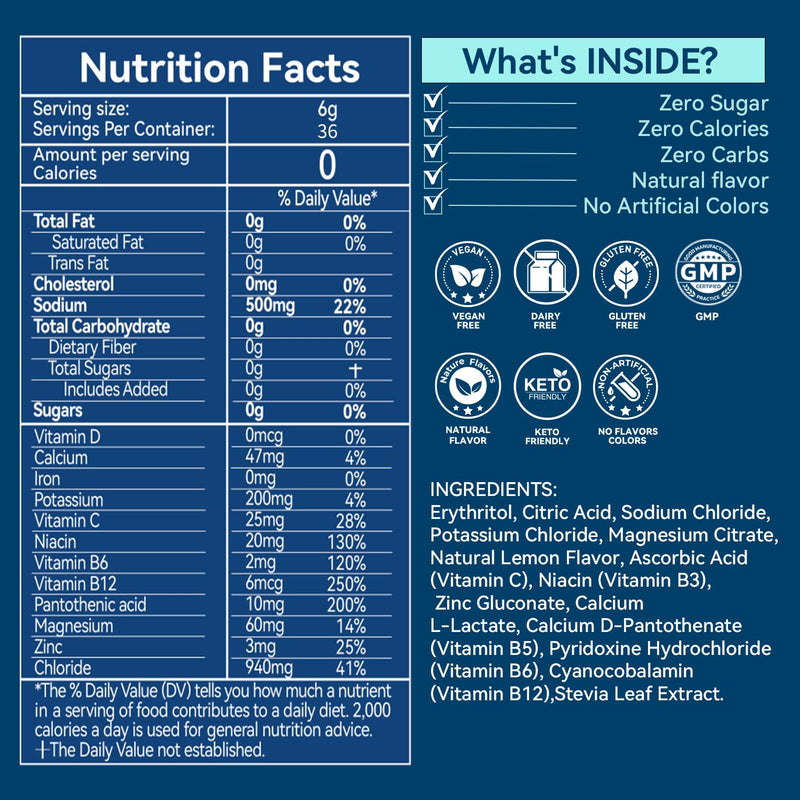 Electrolytes Powder Packets - Sugar Free & Zero Calorie Liquid Daily Drink Mix - Instant Hydration & Energy Supplement with 6 Electrolytes and 5 Vitamins, Keto Friendly & Vegan - 36 Sticks Lemon Lime 7.62 Ounce (Pack of 1)
