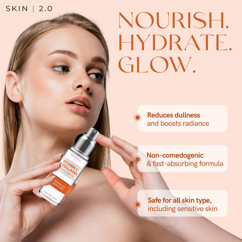 Skin 2.0 Vitamin C Serum - Dermatologist Tested, Anti-Aging & Dark Spot Remover - Brightening, Clean Beauty, Cruelty-Free, Korean Skincare for Glass Skin, All Skin Types - 1.69 Fl. oz Vitamin C and Collagen