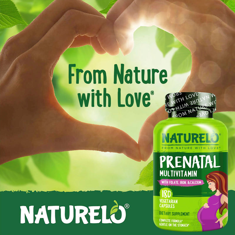 NATURELO Prenatal Multivitamin with Choline & Folate, 180 Capsules | Multivitamin with iron, plant calcium, vegan, vegetarian, Non-GMO, gluten free, 2 month supply 180 Count (Pack of 1)