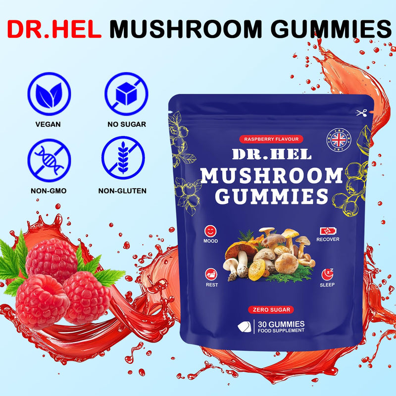 12-in-1 Mushroom Gummies with Lion’s Mane: Enhance Energy & Focus Mushroom Supplement, Reish, Raspberry Flavor, 30 Gummies