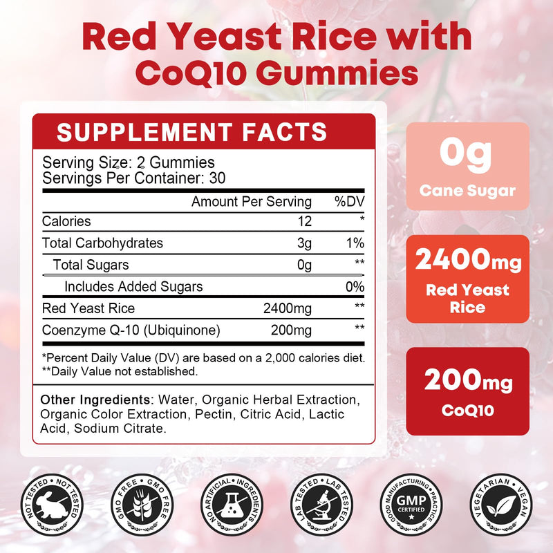 [Australia] - Red Yeast Rice with Coq10 Gummies, Red Yeast Rice 2400 mg with CoQ10 200 mg for Cholesterol Lowering Supplements, Sugar Free, Non-GMO, Vegan Heart Health Support ‚Äì 60 Counts 