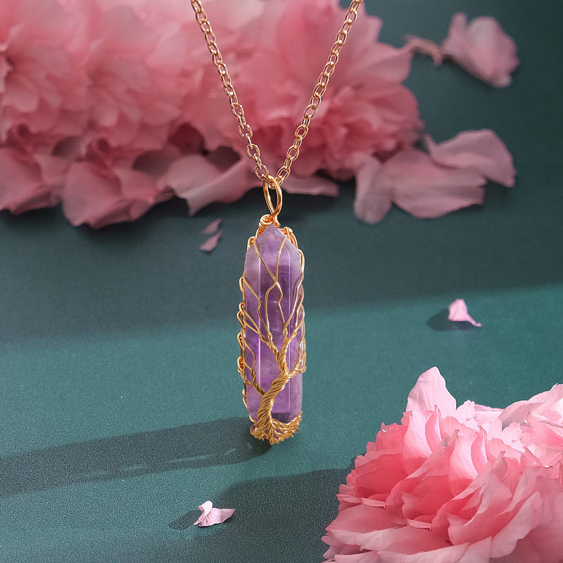 [Australia] - Healing Crystal Necklace Tree of Life Wire Wrapped Natural Stone Point Pendant Necklace Hexagonal Reiki Spiritual Quartz Gemstone Jewelry for Women Men Amethyst 