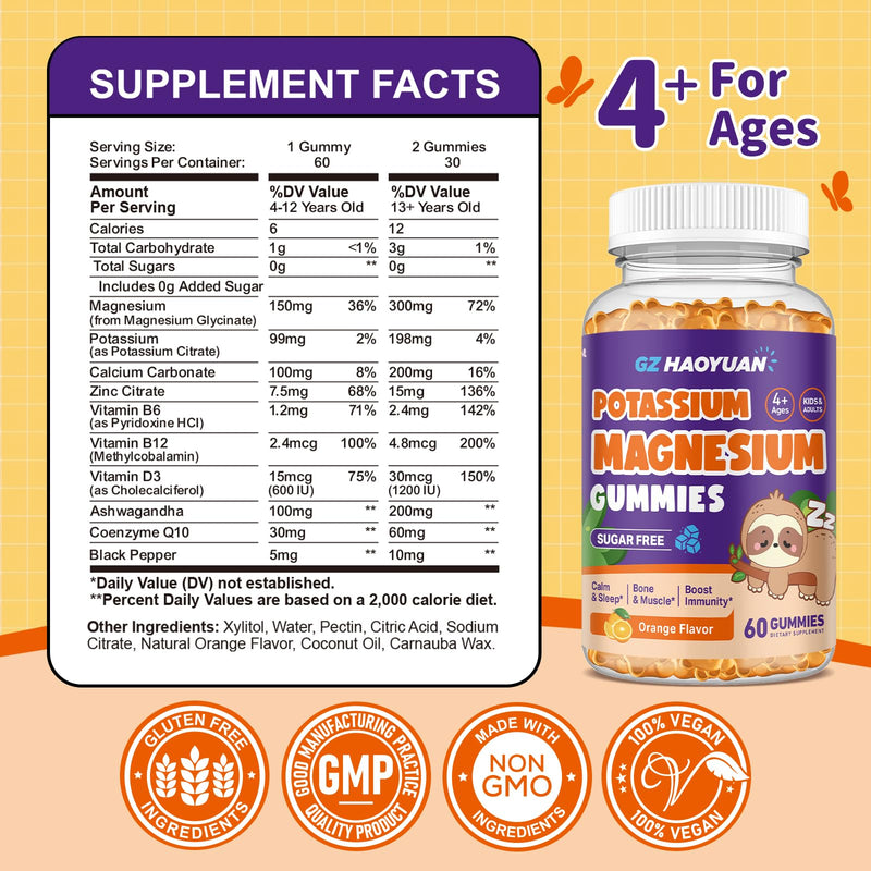 Magnesium Gummies for Kids - Magnesium Glycinate Gummies with Vitamin D3, B6, Potassium & Ashwagandha, Magnesium for Kids & Adults Relaxation, Sleep, Brain & Bone Health -Vegan Orange 60ct 60 Count (Pack of 1)