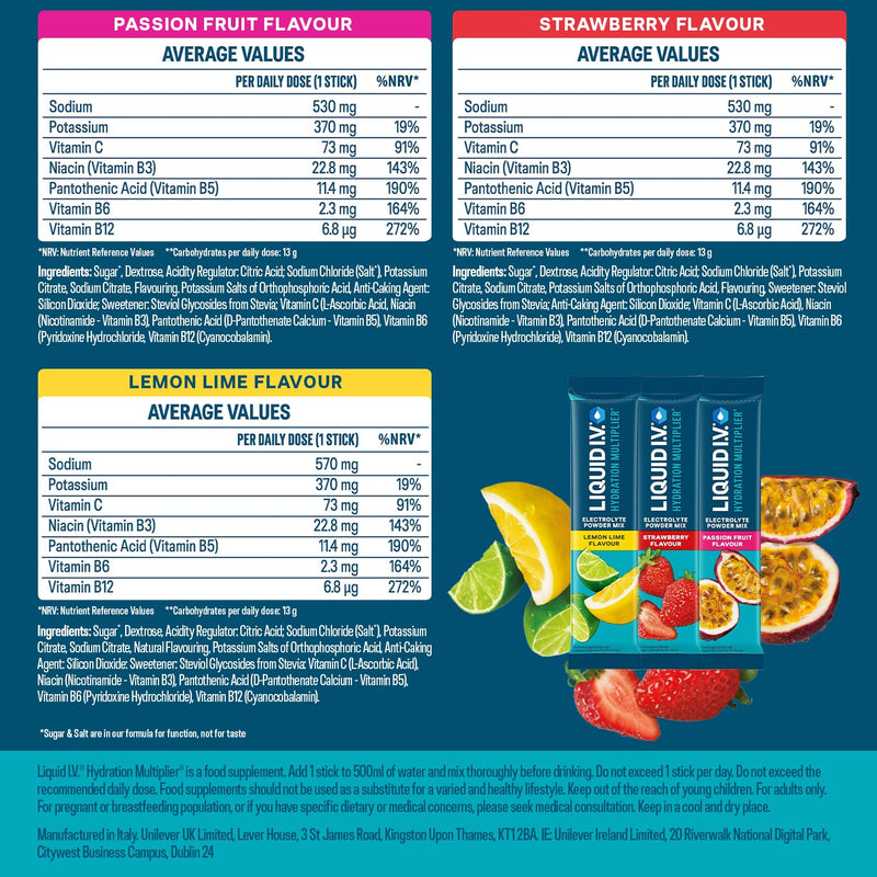Liquid I.V. Hydration Multiplier Electrolyte Powder Pack, Lemon Lime, Passionfruit & Strawberry, Electrolytes With 7 Vitamins & Minerals For Fast Hydration & Energy, Vegan and Gluten Free, 18 Sachets Variety Pack 6 Sticks (Pack of 3)