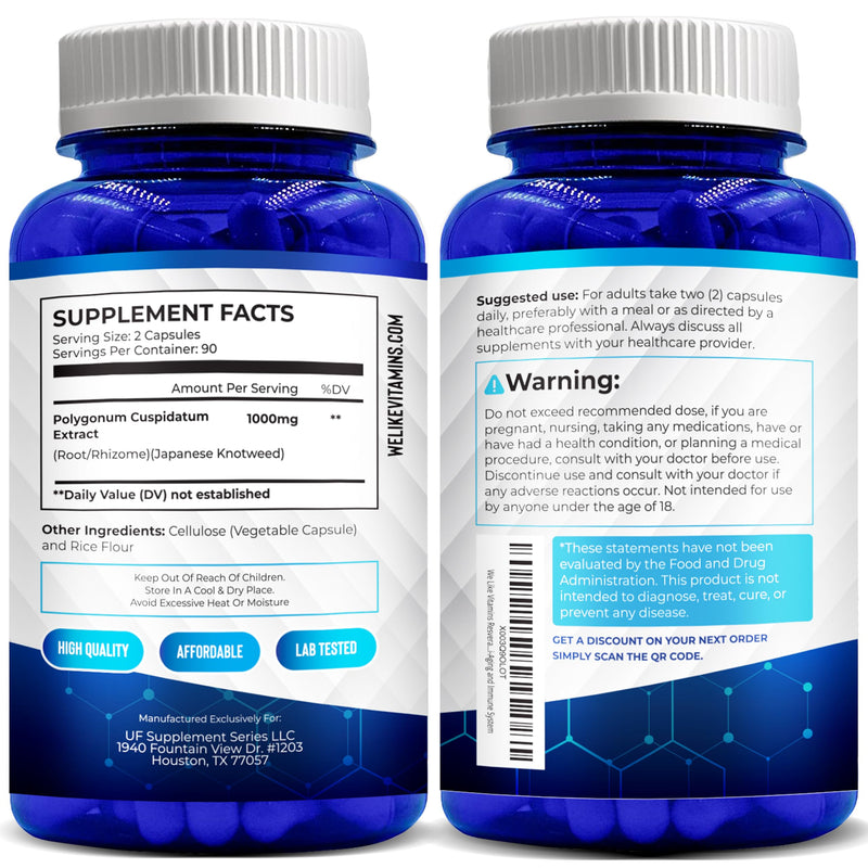 [Australia] - We Like Vitamins Resveratrol 1000mg per Serving - 180 Easy to Swallow Veggie Capsules - Natural Resveratrol Supplement 1000mg - Antioxidant Supplement Helps Support Anti-Aging and Immune System 180 Count (Pack of 1) 