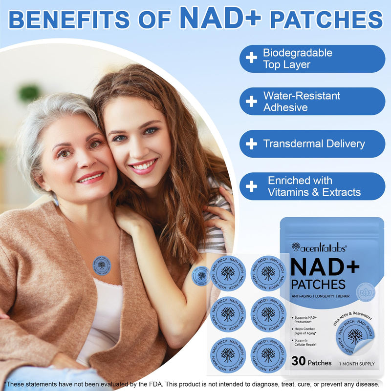 NAD+ Patches 30 Count | NMN & Resveratrol Supplement | Anti-Aging Support | Cellular Repair & Energy Boost | Skin-Friendly 8-Hour Sustained Transdermal Release | Vegan Cruelty-Free Paraben-Free