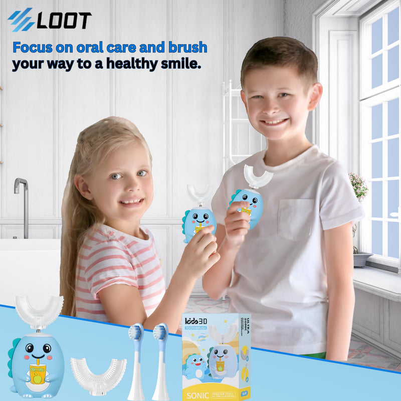 [Australia] - LOOT Kids U Shaped Electric Toothbrush with 4 Brush Heads, 5 Cleaning Modes, Sonic Toothbrush Kids with 60s Smart Reminder, Cartoon Dinosaur 360-Degree Cleaning IPX7 Waterproof Design (Blue, 2-6) Blue 1 Count (Pack of 1) 
