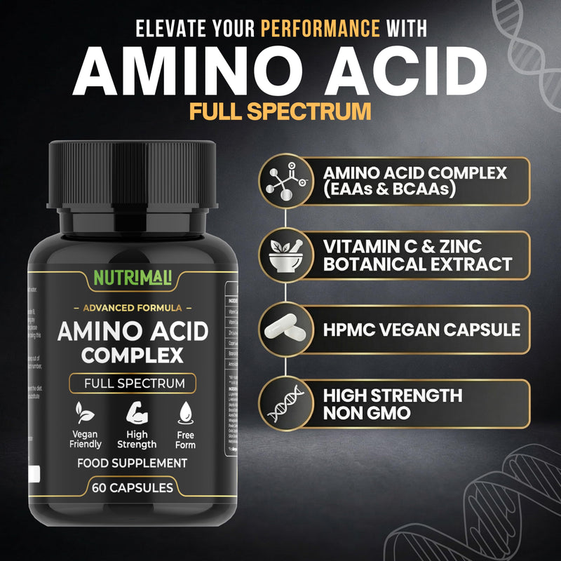 Amino Acid Supplements – Full Spectrum All BCAA, EAA + Vitamin C & Botanical Blend – High Strength, Free Form – 60 Vegan Capsules | By NutriMali