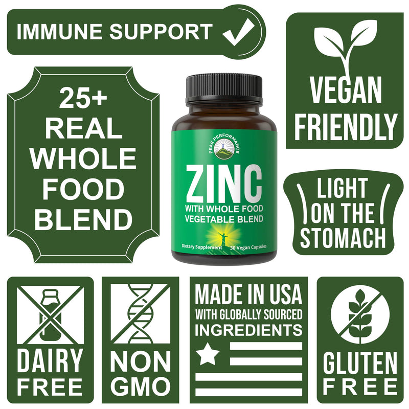 Peak Performance Vegan Zinc Supplement with Vitamin C + Whole Food Blend of | 25 Vegetables and Fruits for Max Absorption. Zinc Supplements 30mg Capsules, Pills, Vitamins for Adults Both Men and Women