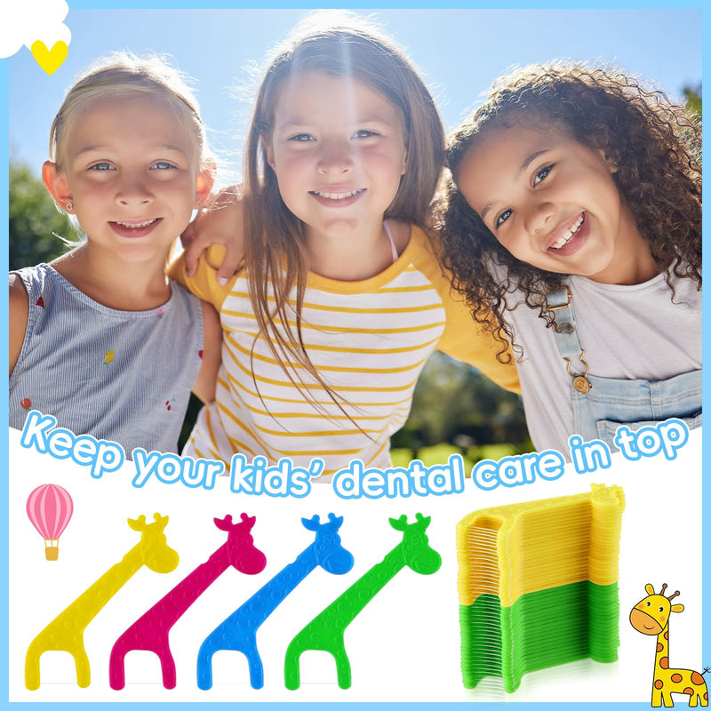 [Australia] - Patelai 400 Count Kids Flossers Bulk Cute Giraffe Kids Floss Picks No Fluoride Dental Floss Picks Unflavored, 4 Colors, 100 Count (Pack of 4) 