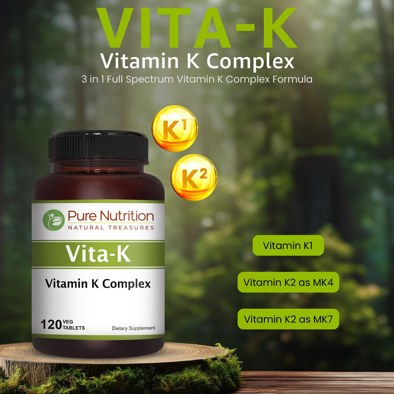 [Australia] - Pure Nutrition Vitamin K Complex K1 + K2 | 2250 mcg | 120 Tab | Full Spectrum K Vitamin Supplement with K1 1000mcg, K2 as MK4 1000mcg + K2 as MK7 250 mcg | Non GMO | Gluten Free 
