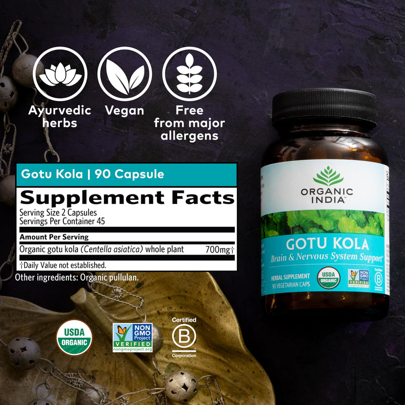 [Australia] - Organic India Gotu Kola Herbal Supplement - Adaptogen for Brain & Nervous System Support, Vegan, Gluten-Free, Kosher, USDA Certified Organic, Non-GMO, Calming, Clarity - 90 Capsules 