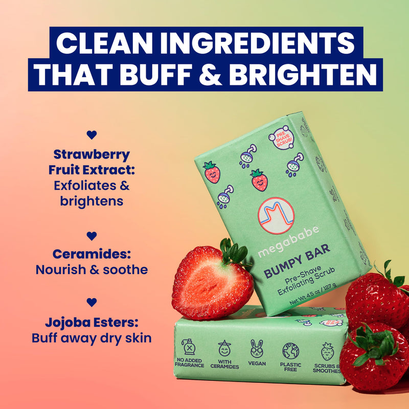 [Australia] - Megababe Bumpy Bar | Pre-Shave Exfoliating Scrub | with Shea Butter, Strawberry Fruit Extract & Ceramides | 4.5 oz 