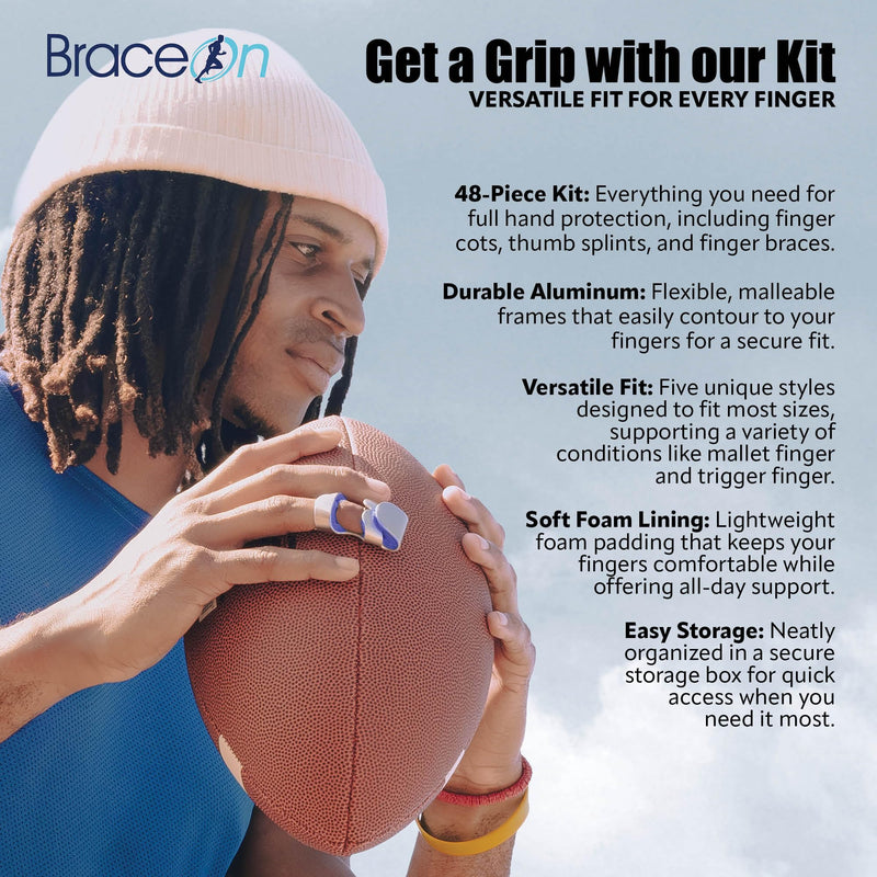[Australia] - Brace On 48-Piece Thumb and Finger Splint Kit Hand Injury Splints, Comfortable Foam Support, Metal Splinting, 5 Assorted Styles, Thumb Brace, Finger Cots, Thumb Splint and Finger Spint and Braces 