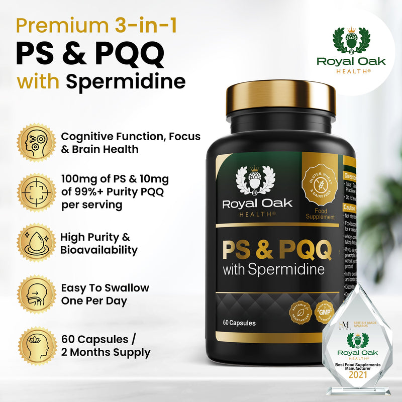 Phosphatidylserine 100mg, PQQ 10mg & Spermidine 3-in-1 Vegan Supplement - 60 Capsules, 2 Month Supply - UK Made, Non-GMO