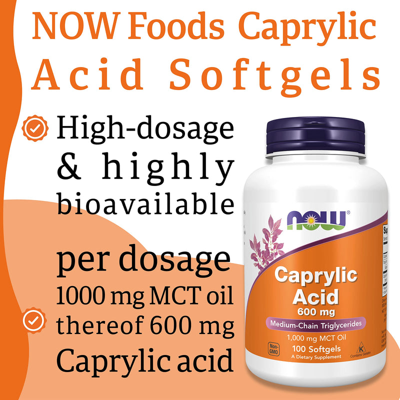 Now Foods, Caprylic Acid, 600mg, 100 Softgels, Lab-Tested, Gluten Free, SOYA Free, Non-GMO