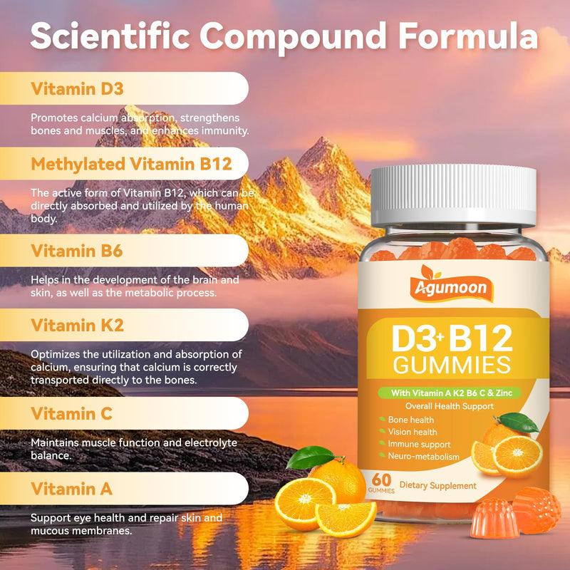 Vitamin D3 B12 Gummies,ADK+Vitamin B12 Multivitamin for Women Men | Vitamin D3 5000 IU 2000mcg B12 with Vitamin A,K2,B6,C,Zinc,Supplement for Eye,Bone,Energy,Nerve,Immune Support