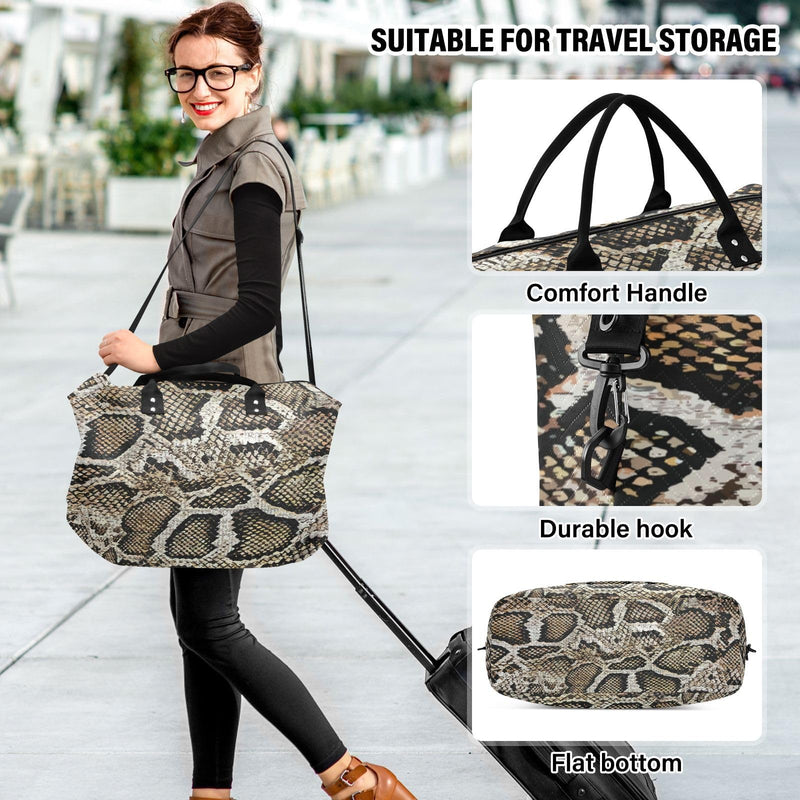 Aflyko Animal Print Travel Duffel Bag Snakeskin Dark Brown Sport Tote Gym Bag Weekender Overnight Bag for Men Women Flight Approved Carry On Bag Fitness Dance Go-To Bag Daily Bag Multi-019