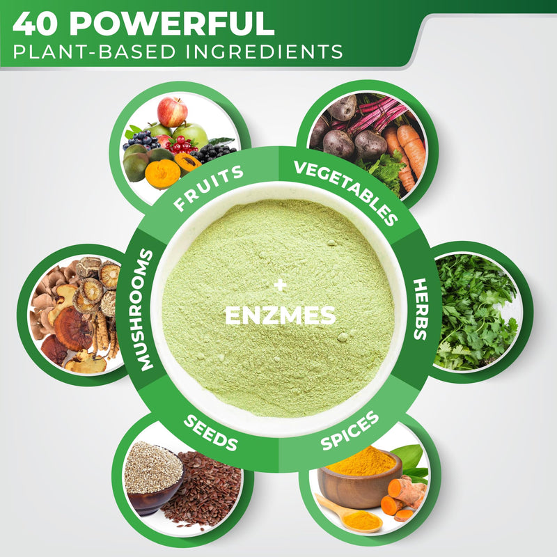 Organic Super Greens Powder | 40 Plant Ingredients for Gut Health | Vegan & Gluten-Free Greens Supplement | 30 Day Supply of Gut Health Powder - Vegetable with Extra Mushrooms 300 g (Pack of 1)