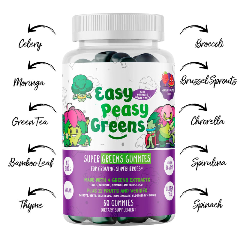 EasyPeasyGreens Daily Veggie Gummies for Kids - 60 Greens Gummies - Helps Picky Eaters Get Their Veggies in - Made with 10 Real Vegetable Extracts and 100% Vegan Berry