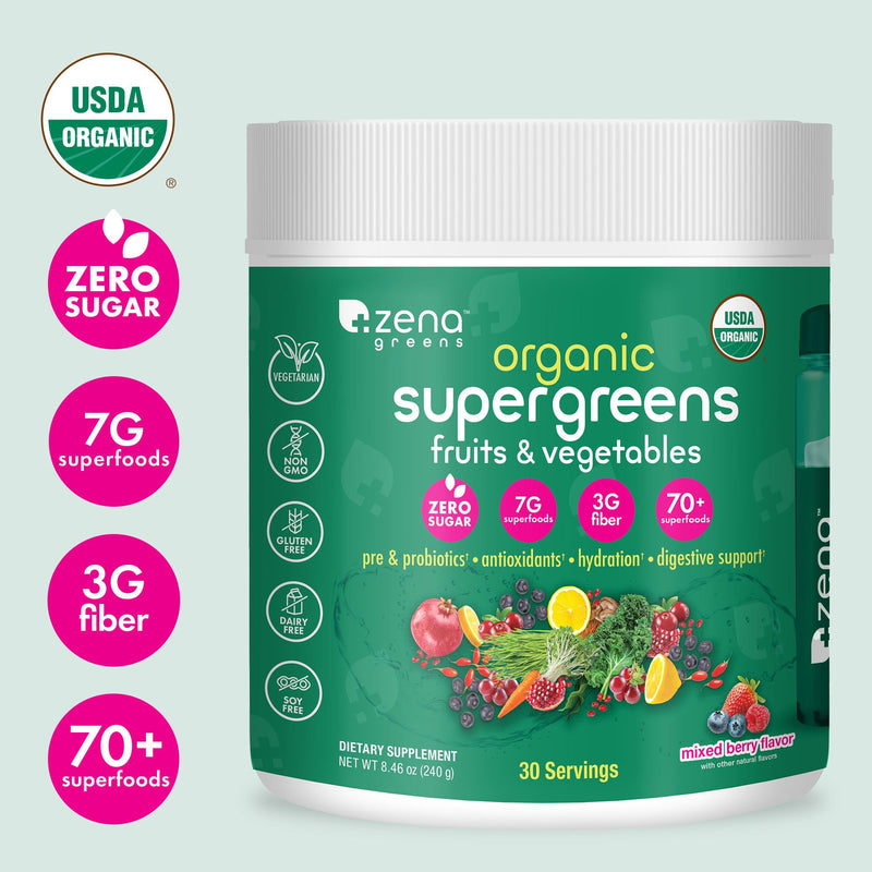 [Australia] - Zena Greens Organic Super Greens Powder | 70+ Superfood Ingredients Drink Mix | 3G Fiber | 0 Sugar | Fruits, Veggies, Herbs, Hydration, Antioxidants, Pre & Probiotics, & Digestive Blends | 30 Servings 
