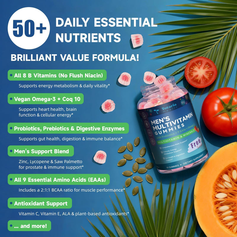 Totaria 2 Packs Sugar Free Multivitamin for Men with Omega 3, Probiotics, Mens Multivitamins Gummies w/Methylated B Complex, BCAA, Lycopene, Zinc, for Daily Energy, Immune, Heart, Iron Free 60 Count (Pack of 2)