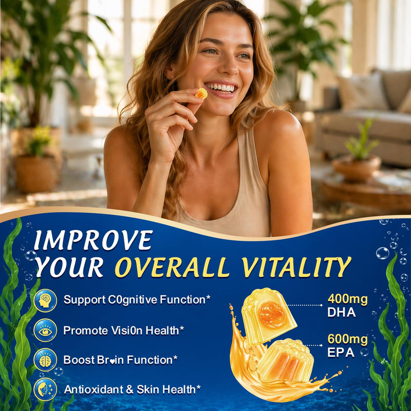 Vegan Omega 3 Gummies 1200mg for Adults Marine Algae Omega 3 Supplement EPA 600mg DHA 400mg, Vitamin D3, K2, No Fish Taste, for Brain, Eye, Immune Health, Sugar Free, 120 Cts Orange 60 Count (Pack of 2)