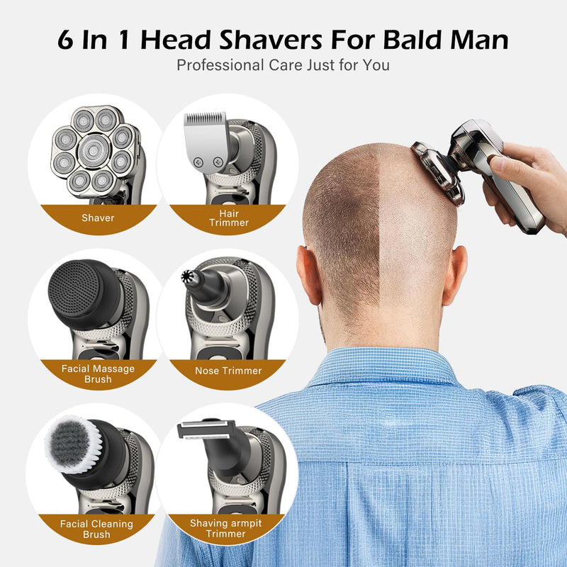 [Australia] - 9 Floating Heads Detachable Head Shavers,6 in 1 Electric Razor IPX6 Waterproof for Bald Men, Wet Dry Mens Grooming Kit,LED Display Rechargeable 9D Rotary Shaver Grooming Kit with Type-C Charge 