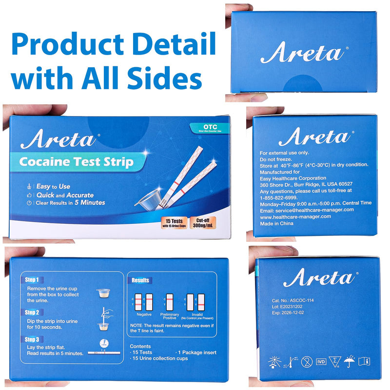 [Australia] - Areta Cocaine Test Strip: Cocaine Drug Test Single Panel Urine Screen Kits, 15 Pack Instant Accurate Home Cocaine Tests Coke Dipstick with Cups, 300 ng/mL Cutoff -ASCOC-114 15 Count 