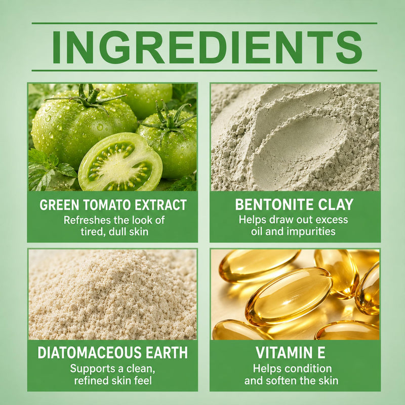 Green Tomato Clay Mask Cleanser, 100g Clay Face Mask for Oily Skin | Bentonite Clay Face Mask With Glycerin and Vitamin E Helps Remove Daily Buildup and Excess Oil; Smooth, Easy-Rinse Texture