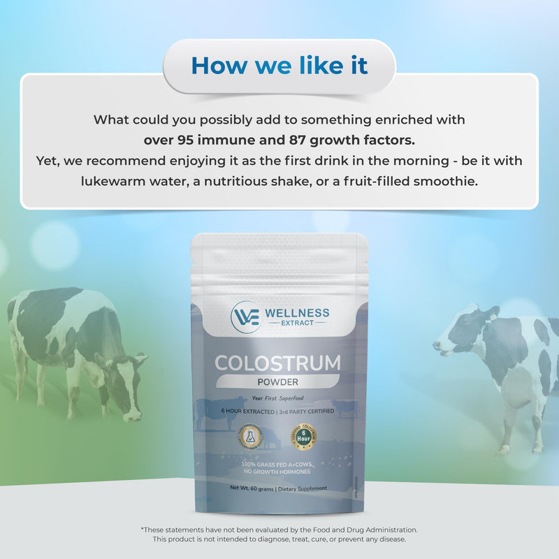 Wellness Extract Bovine Colostrum Powder Rich in Protein & Lactoferrin- The True Certified Supplement for Immune Support, Gut Health, Muscle Growth - 60g 60g (pack of 1)