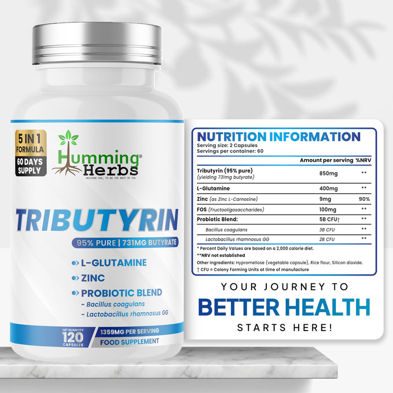 Humming Herbs Tributyrin Complex – 120 Vegan Capsules (60 Days) | 95% Pure Tributyrin, L-Glutamine, Zinc (as Zinc-L-Carnosine), Prebiotic FOS & Probiotic Blend