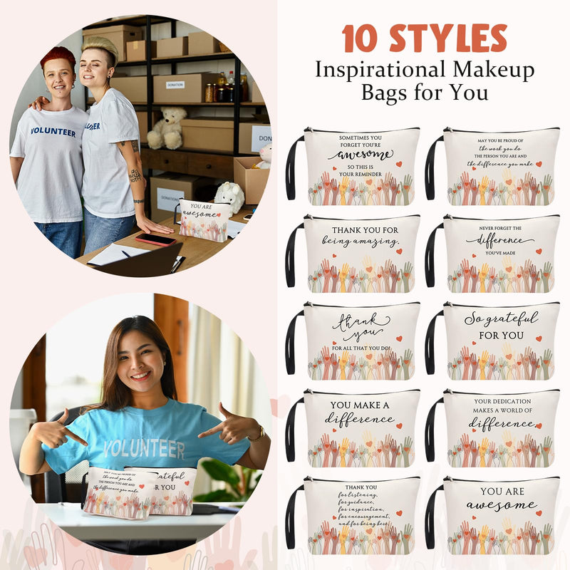 30 Pcs Appreciation Gifts Bulk for Women Teacher 10 Styles Inspirational Canvas Makeup Bags Thank You Cosmetic Bags for Women Coworker Employee Staff 30