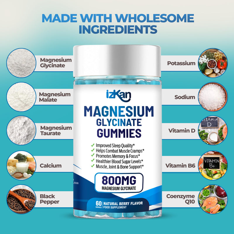 Magnesium Glycinate 1600mg with Calcium, Potassium, Vitamin D & CoQ10 – High Absorption Magnesium Supplement for Sleep, Muscle, Nerve & Mood Support – 60 Gummies (1) 1