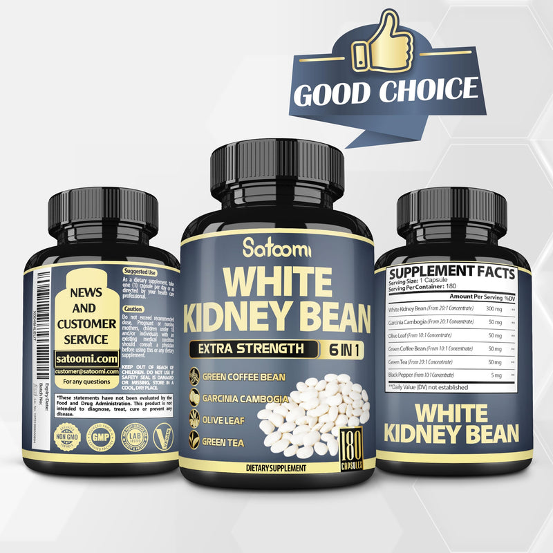 [Australia] - Satoomi 6in1 White Kidney Bean Extract Capsules - 6 Month Supply - Extra Blend with Olive Leaf, Green Coffee Bean & Green Tea - 180 Counts 