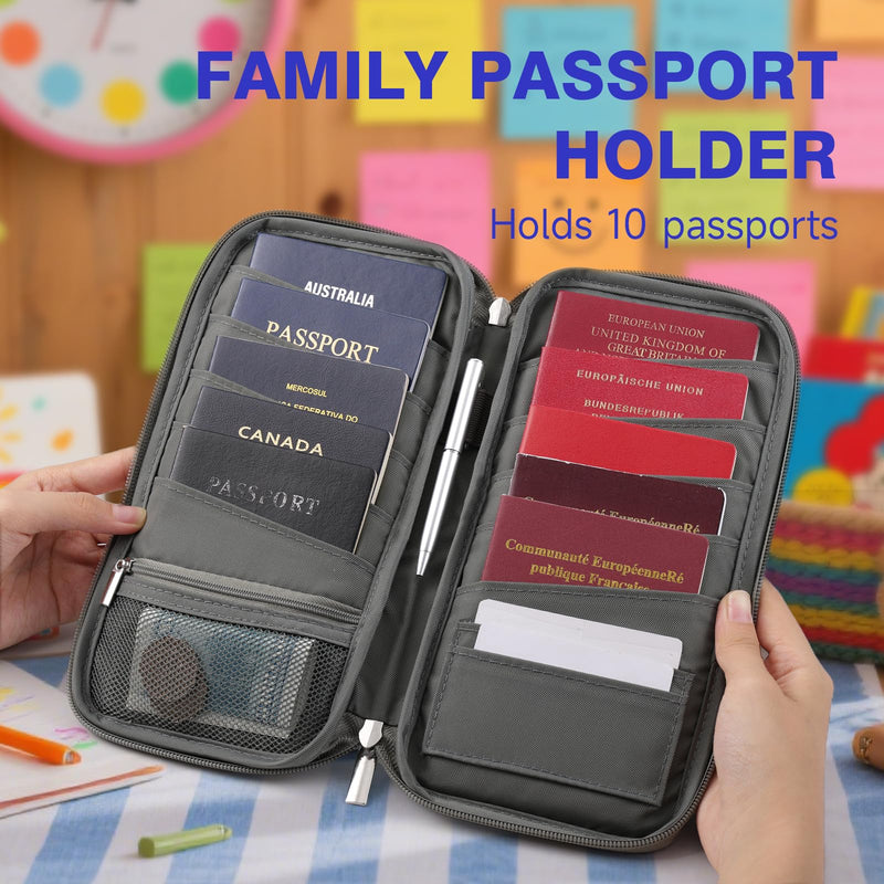 WALNEW Passport Holder Travel Family for 10, RFID Blocking Passport Wallet | Travel Documents Organizer with Zipper, for Cards, Cash, Boarding Passes, Tickets, International Travel Essentials Gray 10 passport slots