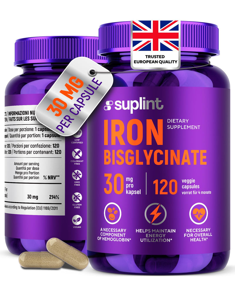 Iron Bisglycinate 30 mg – High Dose & Well Tolerated – High Absorption Iron Supplement – 120 Vegan Capsules – EU Lab Tested (1 Pack) 1 Pack