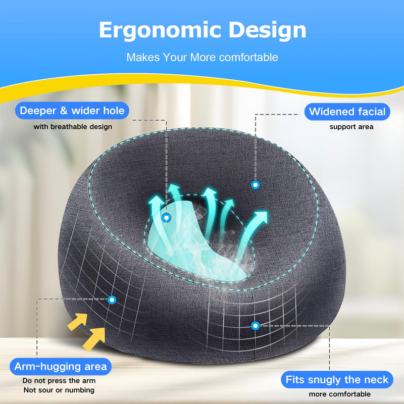 Face Down Pillows for Massage Table, Massage Headrest for Bed, Face Cradle for Spa, BBL Pillow After Surgery Post Eye Surgery Recovery & Vitrectomy Recovery Equipment Removable Cover DarkGrey