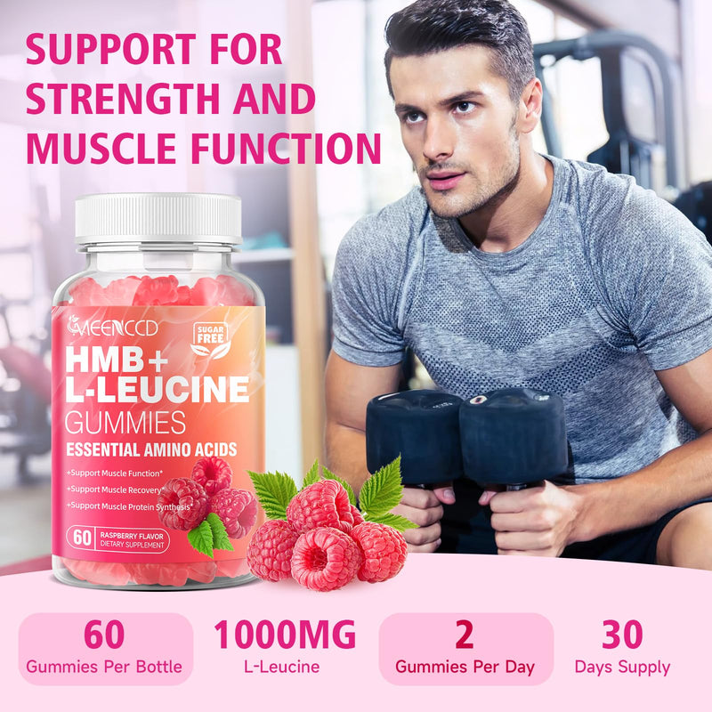 MEENCCD HMB and L-Leucine Gummies, HMB and Leucine Amino Acid for Muscle Growth, Muscle Maintenance, and Muscle Comfort, for Men & Women, Sugar-Free, Raspberry Flavor, 60 Count 60 Count (Pack of 1)